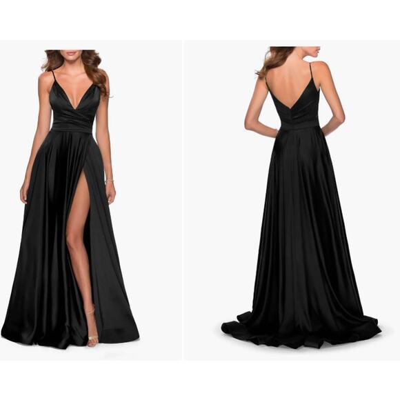 La Femme Long Satin Dress with Side Slit and V Shaped Back Size 2